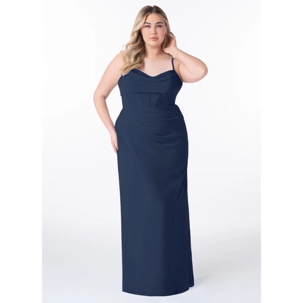 Azazie Mai Dark Navy Bridesmaid Dress US 10 A10 Ruched Chiffon Maxi Gown - Picture 3 of 13